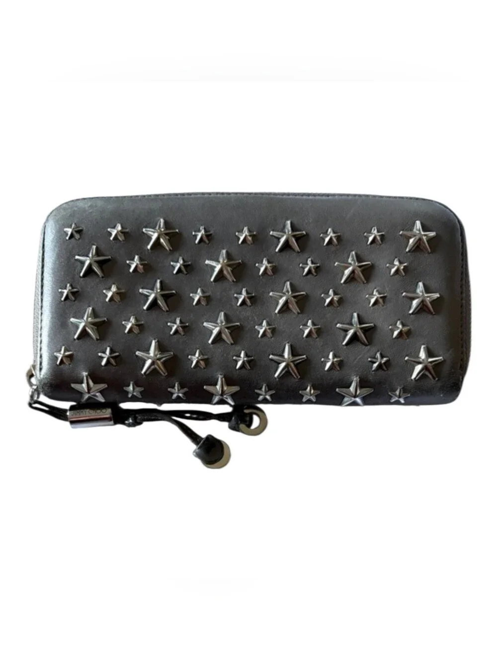 Jimmy Choo Filipa Metallic Silver/Grey Star-Studded Zip Wallet With Original COA - Picture 2 of 12